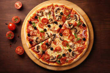 Beautiful and tasty pizza with mushrooms, cheese and olives on a beautiful wooden table with tomatoes next to it with a place for inscriptions or logos. View from above
.generative ai
 - Powered by Adobe