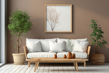 Mockup canvas frame on the wall. Scandinavian living room with a big template of a painting picture on the wall. Simple design with natural materials and neutral colors. 3d rendering