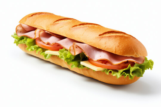 Tasty sandwich with ham, tomatoes and lettuce isolated on a white background. generative ai
