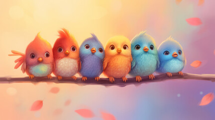 A vibrant group of birds perched on a branch