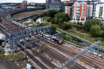 Aerial view of a local passenger train at a major railway junction