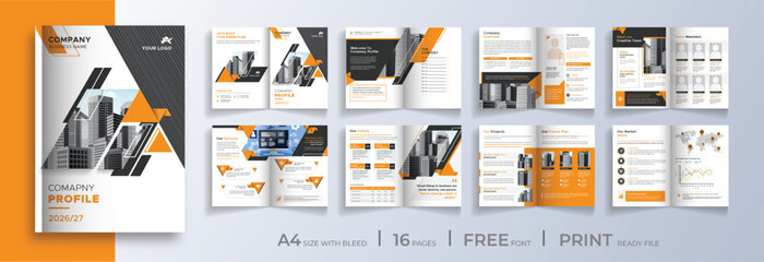 Multipage company profile business brochure design layout, Corporate brochure editable template with cover page, minimalist A4 16 pages brochure design with modern concept