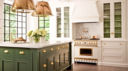 Kitchen decor, interior design and house improvement, bespoke sage green English in frame kitchen cabinets, countertop and appliance in a country house, elegant cottage style