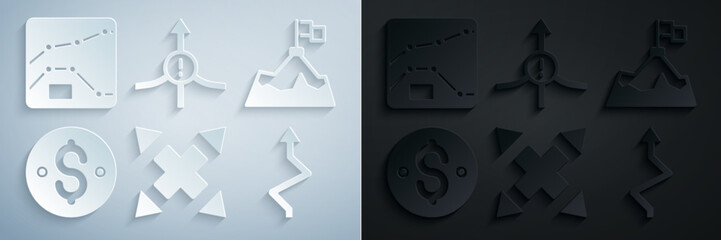 Set Many ways directional arrow, Mountains with flag, Dollar symbol, Arrow, and Graph, chart, diagram icon. Vector