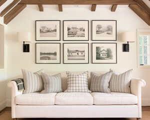 Living room gallery wall, home decor and wall art, framed art in the English country cottage interior, room for diy printable artwork mockup and print shop