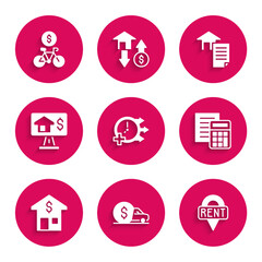 Set Clock, Car rental, Location key, Calculator, House with dollar, Online real estate, contract and Bicycle mobile app icon. Vector