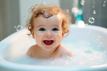 A small smiling baby is bathing in a bathtub. Baby care. Happy child