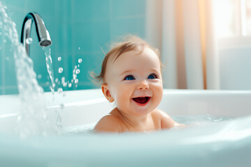A small smiling baby is bathing in a bathtub. Baby care. Happy child