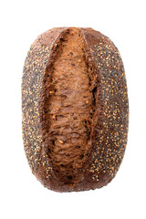 PNG, Dark rye bread with poppy seeds, sesame seeds, and others. Isolate on a white background.