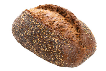 PNG, Dark rye bread with poppy seeds, sesame seeds, and others. Isolate on a white background.