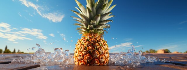A dynamic mid-air capture of a pineapple, soaring against the backdrop of a pristine clear sky, evoking a sense of freedom and whimsy.

