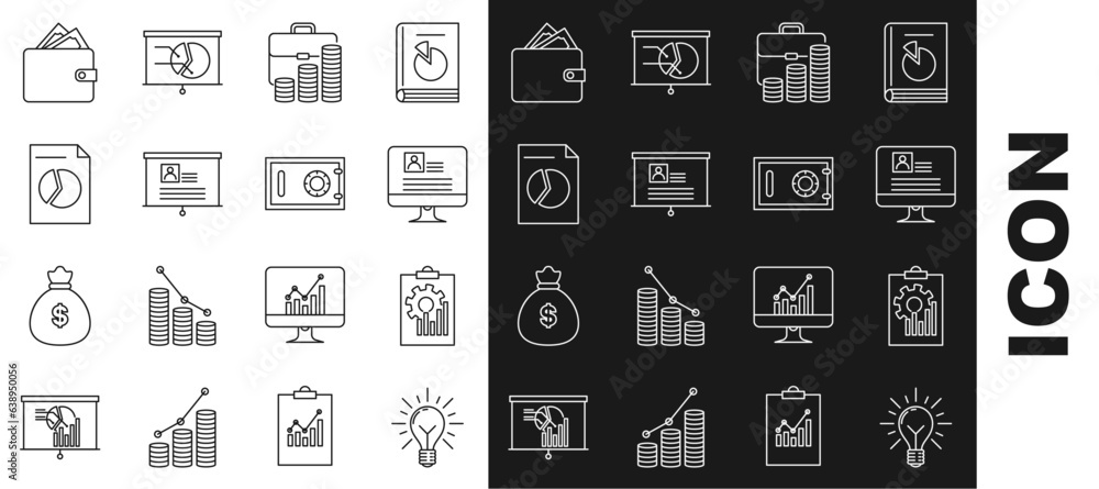 Poster set line light bulb with rays shine and concept of idea, clipboard graph chart, computer monitor res