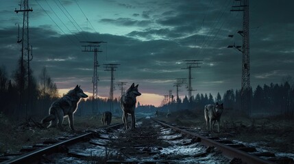 wolves in a railway track