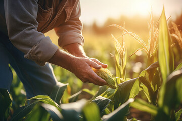 A farmer checks the maturity of corn on his crop or field. generative ai - obrazy, fototapety, plakaty