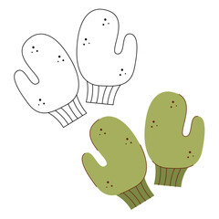 Green warm mittens. Black and white and color clipart vector illustration.