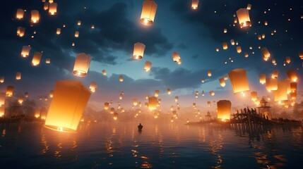 Paper lanterns floating in night sky - obrazy, fototapety, plakaty