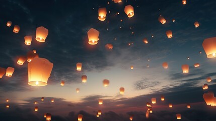 Paper lanterns floating in night sky - 638950839