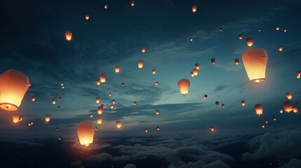 Paper lanterns floating in night sky - obrazy, fototapety, plakaty