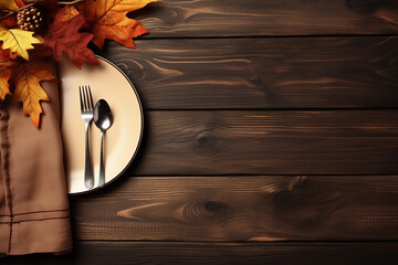 Beautiful background of an autumn table made of boards and an empty white plate top view with a place for inscriptions or logos. generative ai
