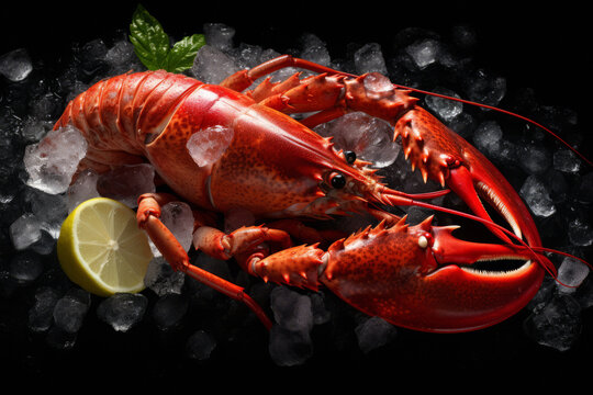 A beautiful red lobster lying on ice and on a black or dark background with space for inscriptions or logos. Seafood background. generative ai
