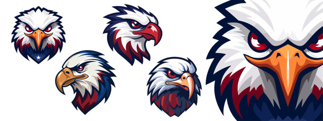 Pack, Set Collection: Illustrated American Eagle in USA Colors: Logo, Mascot, Illustration, Vector Graphic for Sport and E-Sport Gaming Teams - Transparent Background, Png, Vector