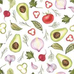 Avocado, tomatoes, potatoes, herbs and spices hand drawn seamless patten on a white background. Background with farm vegetables. Illustration.