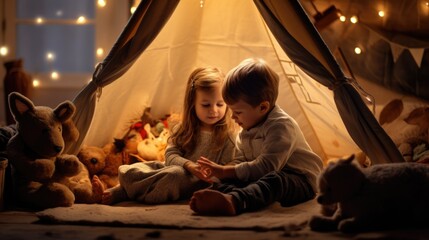 Obraz na płótnie Canvas A boy and a girl sitting in a tent with stuffed animals