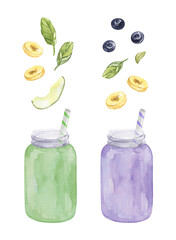Watercolor illustration of a berry smoothie in a glass jar with ingredients. 2 types of smoothies. Blueberry Drink, Berry Juice, Vegan Healthy Fruit Detox Breakfast