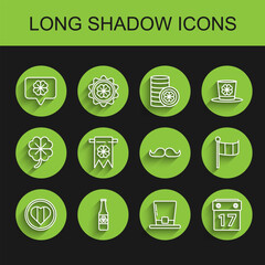 Set line Heart and Happy Saint Patrick day, Beer bottle with four leaf clover, Four speech bubble, Leprechaun hat, Patrick's calendar, party pennant, National Ireland flag and Mustache icon. Vector