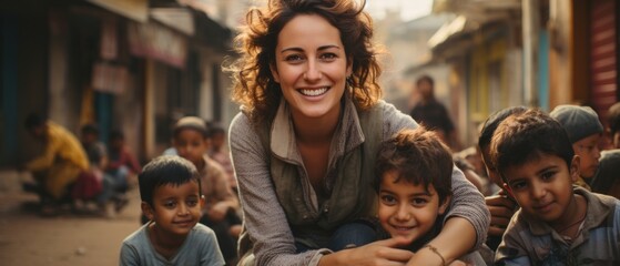 A happy girl with joyful children. Generative AI