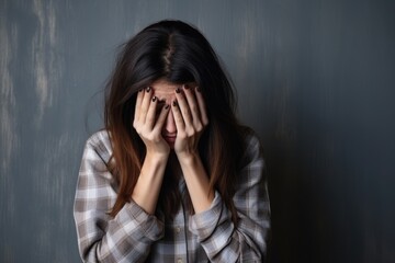 Sad depressed desperate grieving crying woman with hands covering her face and tears eyes during...