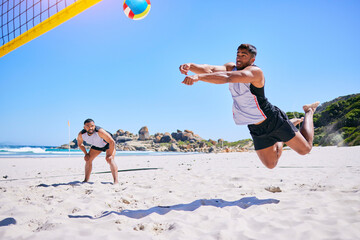 Man, game and playing volleyball on beach in sports, match or score point in outdoor fitness or...