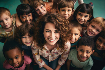 A group portrait of a teacher and her diverse class of elementary school students - obrazy, fototapety, plakaty