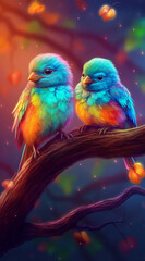 Two vibrant birds perched on a tree branch