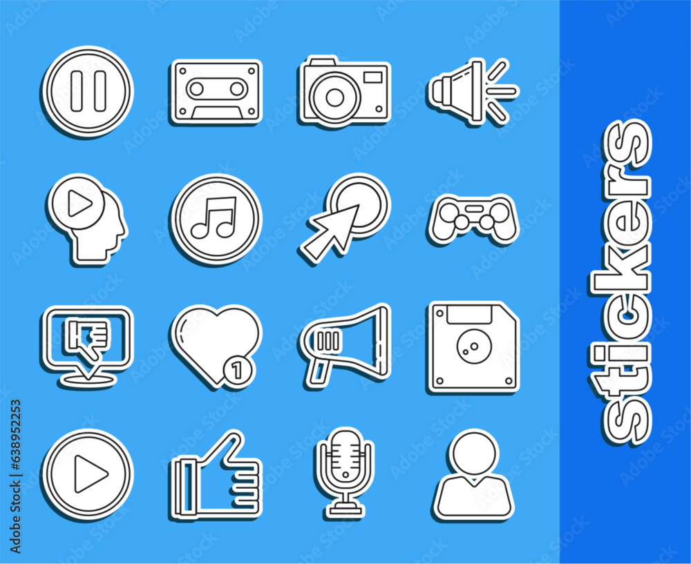 Poster set line add to friend, floppy disk for computer data storage, gamepad, photo camera, music note, to