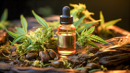 Hemp plants and a bottle of hemp oil (Generative AI)