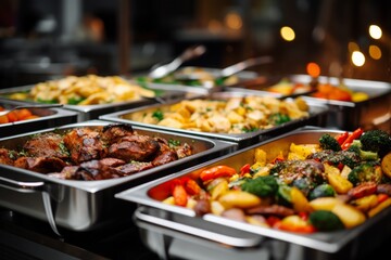 Catering buffet food in restaurant or cafe with meat and vegetables