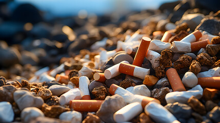 many cigarettes lying on the pile and polluting the environment (Generative AI)