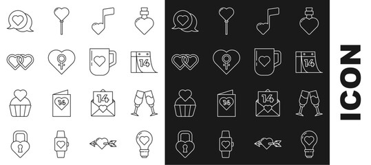Set line Heart shape in a light bulb, Glass of champagne, Calendar with February 14, Music note, tone hearts, female gender, Two Linked Hearts, speech bubble and Coffee cup and icon. Vector