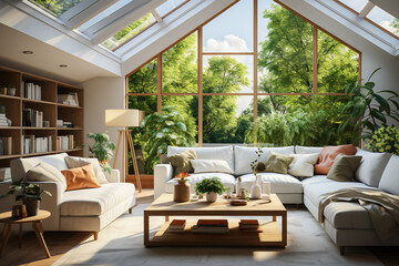 Modern cozy Scandinavian-style living room with a skylight in the ceiling, a garden view, interior scene and mockup, white modern room with sofa.