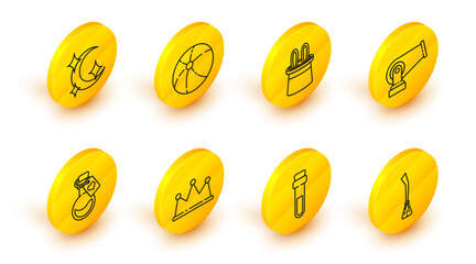 Set line Witches broom, Bottle with love potion, Crown, Cannon, Magician hat and rabbit ears, Beach ball and Moon stars icon. Vector