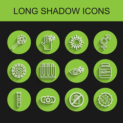 Set line Blood test and virus, Medical protective mask, Virus under magnifying glass, No handshake, Medicine bottle pills and Reddish eye due to icon. Vector