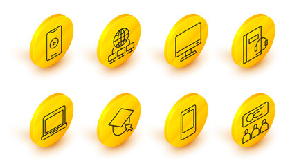 Set line Training, presentation, Mobile phone, Graduation cap globe, Laptop, Audio book, Computer monitor screen, network and Online play video icon. Vector