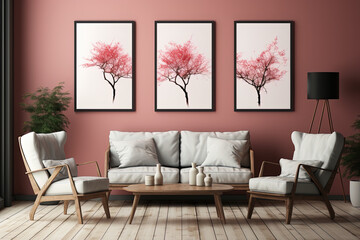 Three blank picture frame mockups on a wall. Artwork templates for interior design. 3D rendering of a living room with picture frames on the Pink wall.