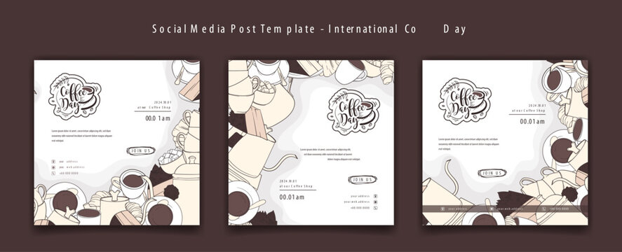 Set of social media post template with coffee cup background design for world coffee day campaign