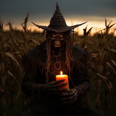 Scarecrow holding burning candle in the field of flowers. Halloween. generative ai