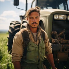 Young farmer at the tractor in the field. Generative AI