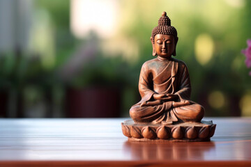 Wooden Buddha figurine on a table with a green garden in the background. Meditation and zen concept. Banner. copy space