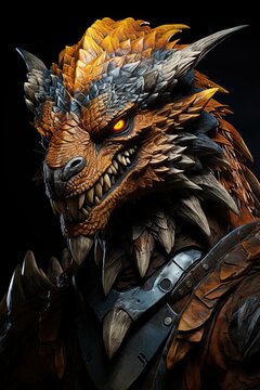 Fantasy dragon with fire flames and a dark background. generative ai