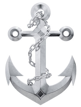 A 3D-rendered iron anchor is showcased on a transparent background, with a chain elegantly entwining around it.